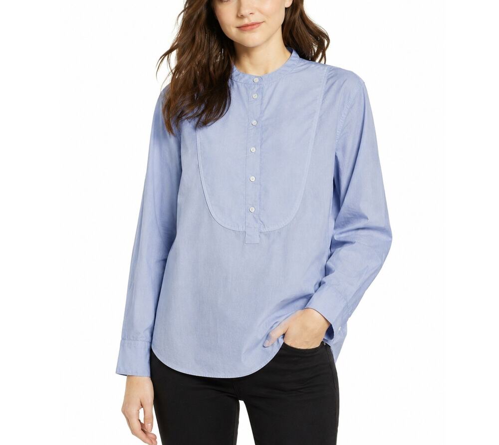 J.Crew Regenerative Cotton Light Blue Popover Blouse M Mandarin Collar Preppy